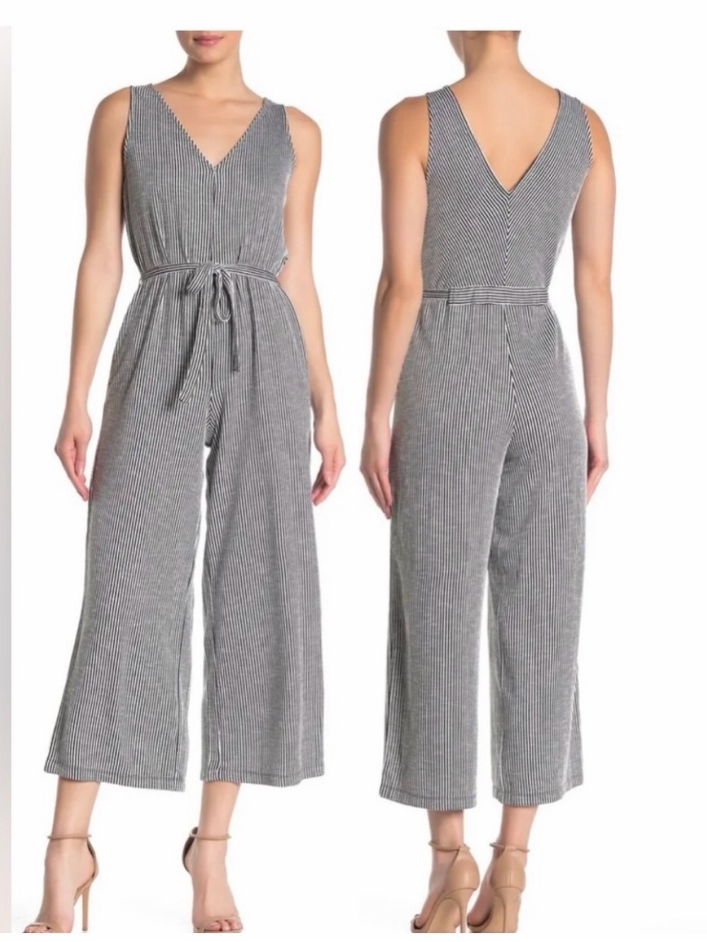 NWT Max Studio Sleeveless Gray Pinstripe V-Neck Tie-Waist Jumpsuit